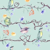 hand-painted birds and flowers pattern vector