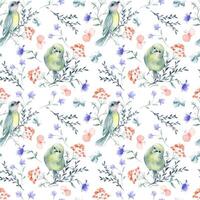 Watercolor birds and flowers pattern vector