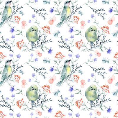 Seamless wallpaper of birds in green yellow colors and simple flowers watercolor isolated. Cute little birds, butterflies on botanical repeated pattern with blooms for textile, cover, wrapping paper