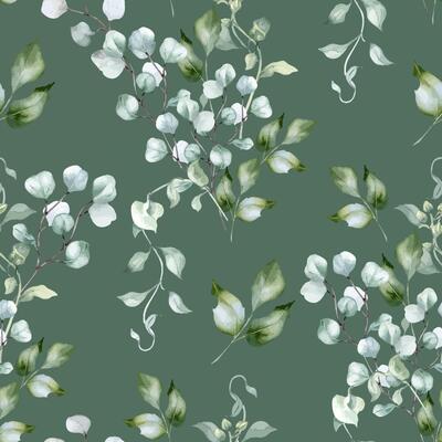 Watercolor foliage seamless pattern sage green colors isolated. Eucalyptus branches and holly leaves on delicate repeated texture in soft green hand painted. Greenery background design textile