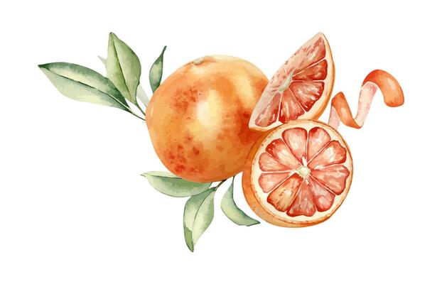 Grapefruits with leaves bright summer composition watercolor illustration isolated. Whole and slice ripe citrus and orange peel hand drawn sketch. Red orange in botanical style painted for design.