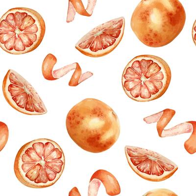 Red grapefruit slices, halves and whole fruit, peel spiral watercolor seamless pattern isolated on white. Ripe citruses on repeated background hand drawn . Red oranges in botanical sketch painted