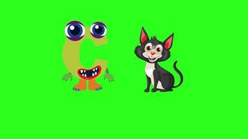 Playful animation of letter C and a cat with vibrant colors and engaging transitions on a green background video