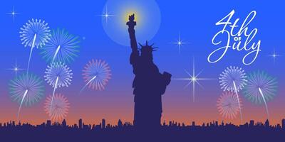 4th of July, America independence day, Flat design with Statue of Liberty silhouette, fireworks and skyline. for web banners, event promos, festive, patriotic mood. vector