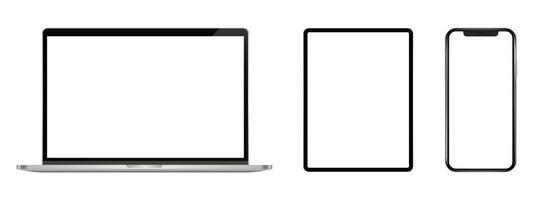 Laptop Tablet Phone. Set of devices. Computer, tablet and cellphone mockup. Digital equipment showing isolated screen. vector