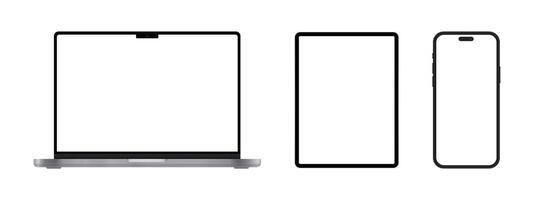 Laptop Tablet Phone.Set of devices. Computer, tablet and cellphone mockup. Digital equipment showing isolated screen. vector