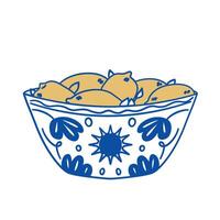 Yellow lemons in plate with blue ornament. vector
