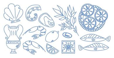 Hand drawn sketch different mediterranean food set. Italian and greece style. vector