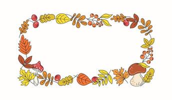 Autumn leaves, mushrooms and berries. Rectangular frame, banner, postcard. Fly agaric, doodle, bright color drawing, sketch. Natural botanical background. vector