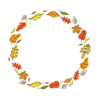 Round frame of autumn leaves. Banner. Autumn. Natural background with flying leaves. Harvest festival. Leaf fall. Doodle style drawings. Color illustration. White isolated background.