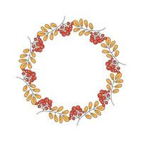 Round frame, wreath of rowan leaves and berries. Banner autumn, leaf fall, doodles, drawings. Natural botanical background, harvest festival. vector