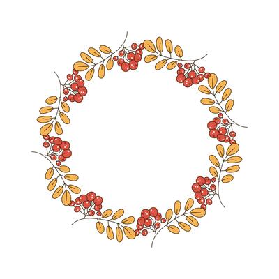 Round frame, wreath of rowan leaves and berries. Banner autumn, leaf fall, doodles, drawings. Natural botanical background, harvest festival.