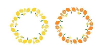 Banner oranges, lemons, whole and halves of fruits, flowers, leaves. Natural food, citrus fruits. Summer, natural background. Round frame. Background with space for text. vector