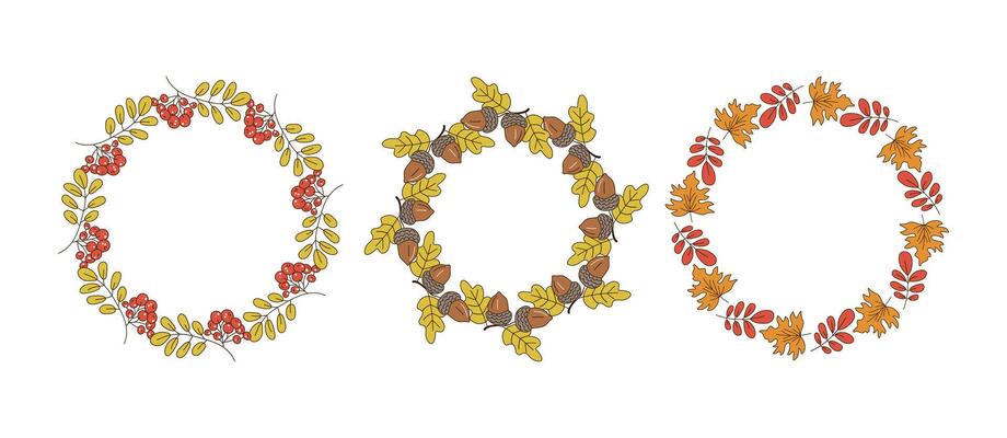 Round frame set, banner autumn. Leaves, acorns, berries, wreath, leaf fall, doodles, drawings. Natural botanical background.