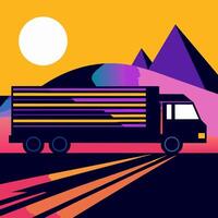 Retro Semi Truck Driving on Road, 80s Style vector