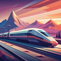 High Speed Train Through Mountain at Sunset vector