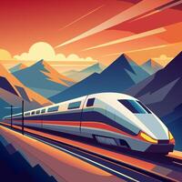High Speed Train Mountain Landscape at Sunset vector