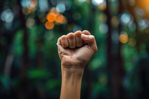 A fist is raised in the air in front of a forest photo