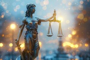 Statue of lady justice holding scales of justice and torch in the night photo