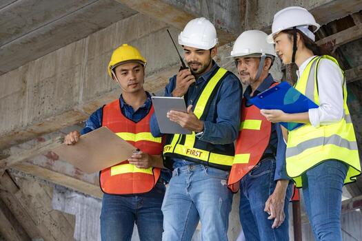 Team of engineers, architect, contractor and foreman meeting and consulting in construction building site for inspection in real estate development project industry and specification quality control photo