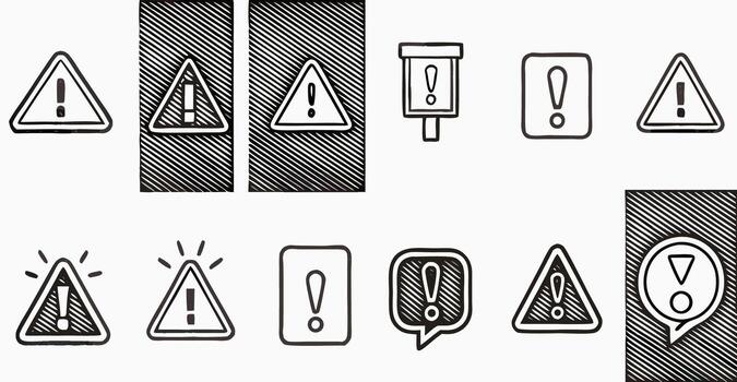 Hand drawn Warning Icons Exclamation Mark in Triangle, Square, and Speech Bubble vector
