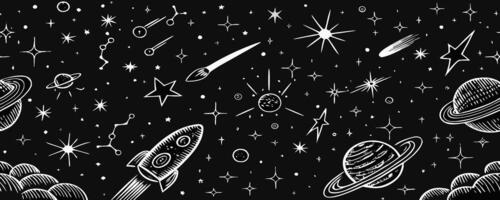 Hand Drawn Space Pattern Planets, Stars, Rocket vector