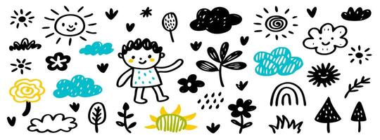 Hand drawn Child, Sun, Clouds, Flowers, Nature Elements Illustration vector