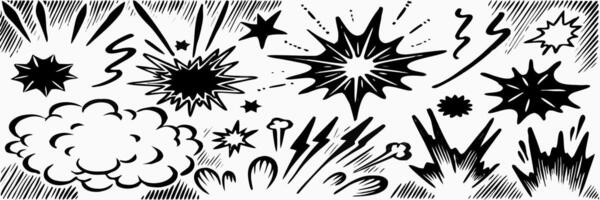 Hand drawn Comic Book Explosion Effects Black and White Graphics vector
