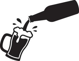 A simple, black and white silhouette of a beer bottle pouring into a beer glass. vector