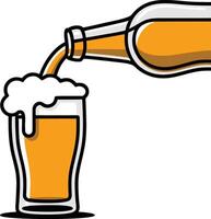 A simple, cartoon flat style illustration of a beer bottle pouring frothy beer into a glass. vector