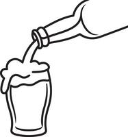 Hand drawn line art illustration of beer bottle pouring glass with foam and bubbles, beverage doodle icon design vector