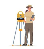 Geologist woman or Archaeologist Stand near Theodolite. Geological or Archaeological Expedition, Resource Mining, Discovery. Illustration. vector