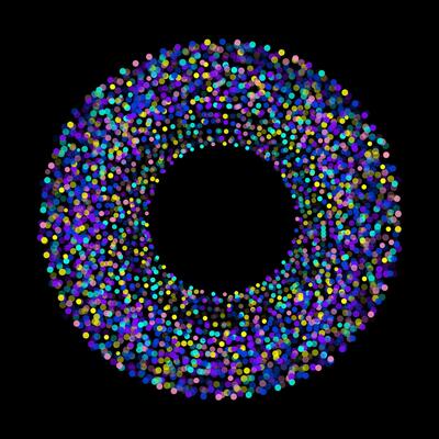 Vibrant circular pattern composed of multicolored glowing dots on dark background. The abstract composition creates a mesmerizing, dynamic effect, resembling a digital halo or confetti ring.