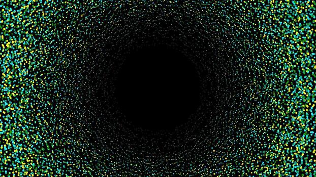 Abstract frame made of green and yellow dots, forming a circular tunnel like effect on a dark background. vector
