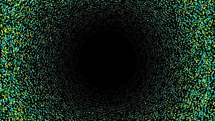 Abstract frame made of green and yellow dots, forming a circular tunnel like effect on a dark background.