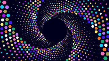 Colorful hexagons forming a swirling spiral pattern around a dark center. vector