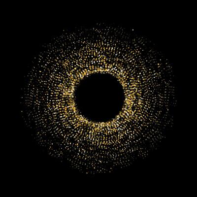 Circular burst of golden and white shimmering dots on a black background, resembling a radiant cosmic portal or a luxurious festive explosion.