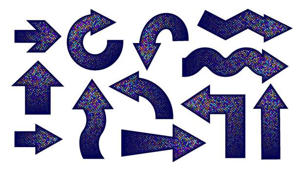 Set of blue arrows with colorful dot patterns, pointing in various directions on a white background. vector