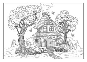Coloring book page with of cozy fairytale house with tree and butterfly. For kids and adults coloring book, kids activities, poster and educational material. Outline doodle illustration. vector