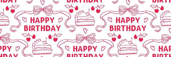 Girly birthday pink doodle pattern with ribbon, bow, cherry and cake slice. Minimal and cute birthday background. Ideal for packaging, wrapping, party. Trendy outline illustration. vector