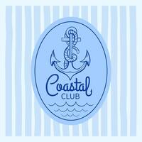 Square marine themed card with anchor emblem and coastal club text. Doodle striped blue background. Great for decor, branding, packaging. Nautical postcard in loose doodle style. vector
