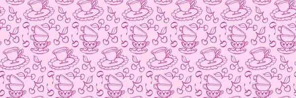 Whimsical seamless pattern with tea cups, cherry and plate. Vintage Tea Time with Cherries. Ideal for packaging, fabric, stationery, and branding. Hand drawn illustration in doodle style. vector
