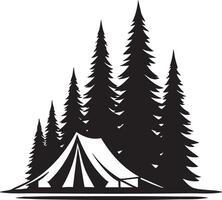 Silhouette of Tent Amidst Tall Pine Trees in Forest Camping Adventure vector