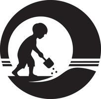 Silhouette of Young Child Digging in Sand with Shovel at Beach vector
