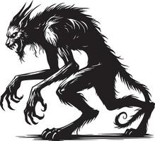 Fearsome Black And White Werewolf Creature In Dynamic Pose vector