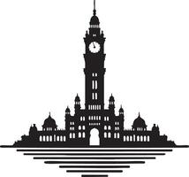 Majestic Silhouette of Historic Clock Tower Building Reflected in Water vector