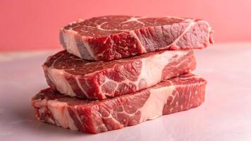 Three raw beef steaks stacked high for delicious grilling or preparation photo
