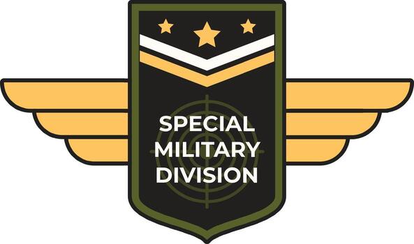 Stylized emblem representing a special military division, featuring a shield shape with wings, target, three stars, and a gold and white stripe vector