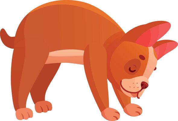Cartoon illustration featuring a playful brown puppy bending down and curiously sniffing the ground with closed eyes, embodying a joyful and lively spirit in a cheerful pose