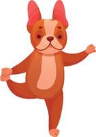 Adorable cartoon french bulldog balancing on one leg in a yoga tree pose, embodying pet wellness and mindfulness while promoting relaxation, health, and playful activity vector